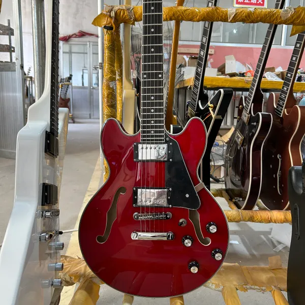 Guitarra eléctrica 339, cuerpo semi hueco, color rojo transparente, diapasón de palisandro, accesorios plateados, envío gratis