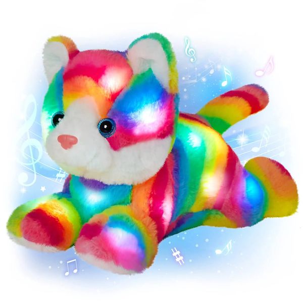 33 cm Rainbow Cat Luminoso Lindo Peluches con Luz LED Musical Mono Perro Elefante Regalos para Niñas Juguete de Peluche Animales Niños 240113