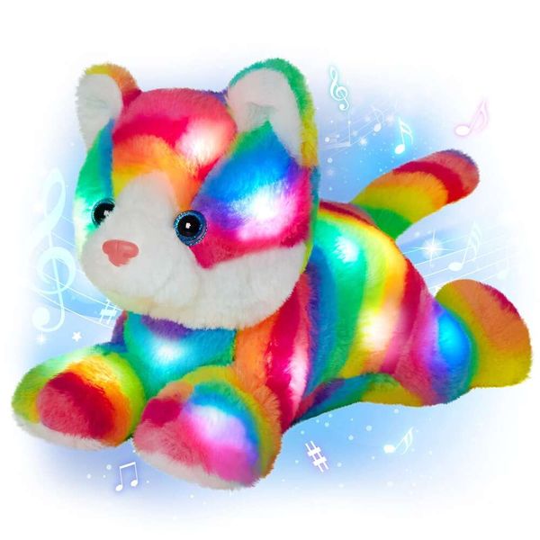 Jouets en peluche chat arc-en-ciel lumineux 33cm, mignon, avec lumière LED, singe Musical, chien, éléphant, cadeaux pour filles, jouet en peluche, animaux pour enfants