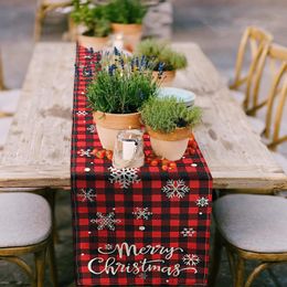 33x183cm kerstlinnen tafelloper Red Geruite Stripe Snowflakes Tablecover Home Party Holiday Decor Table Accessoires