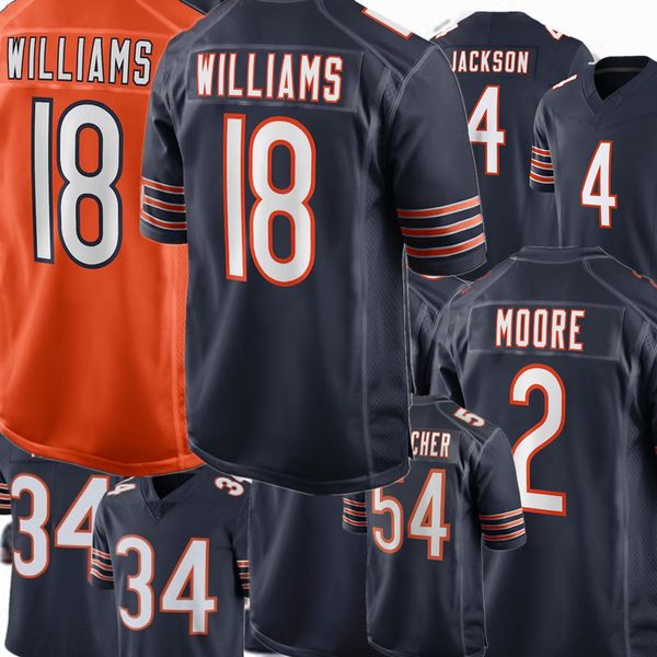 18 Caleb Williams 15 Rome Odunze 34 Walter Payton 85 Cole Kmet 2 DJ Moore 4 Eddie Jackson 54 Brian Urlacher 89 Mike Ditka 51 Dick Butkus 98 Montez Jerseys de football de sueur Montez