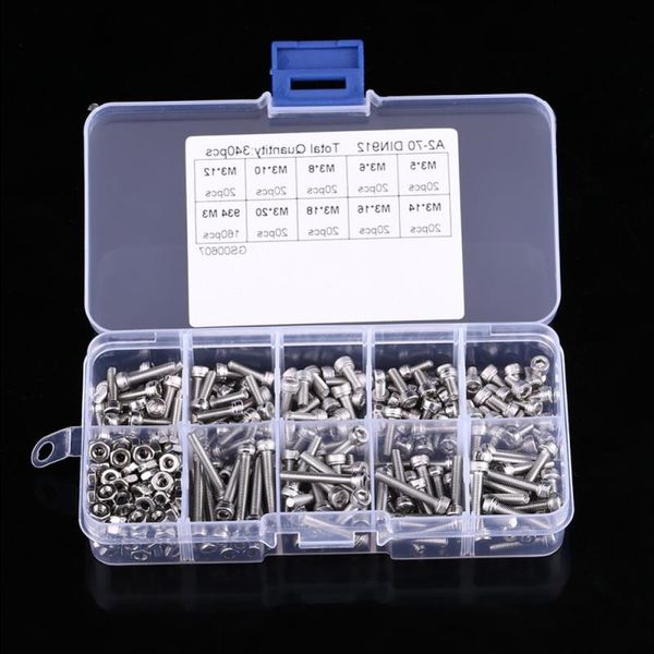 Livraison gratuite 340pcs / boîte vis à six pans creux boulons écrou M3 en acier inoxydable à tête cylindrique ensemble de vis kit d'assortiment de fixations outils de réparation ensemble Jcbur