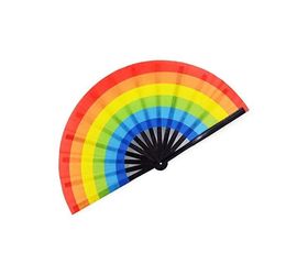 34CM aangepaste grote regenboog opvouwbare hand fan partij gunst met gepersonaliseerd ontwerp bedrukte zwarte bamboe satijn zijde stof Festival SN815