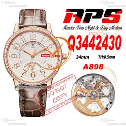 34 mm Q3442430 A898 Automatische Womens Watch Rendez-Vous Night Day APSF Rose Gold Diamond Diamant Bezel White Textured Dial Brown Leather Super Edition Ladies Puretime Ptjl