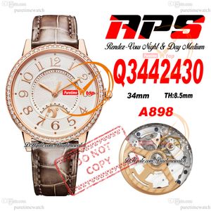 34 mm Q3442430 A898 Automatische Womens Watch Rendez-Vous Night Day APSF Rose Gold Diamant Bezel White Textured Dial Brown Leather Super Edition Ladies Puretime PTJL F2