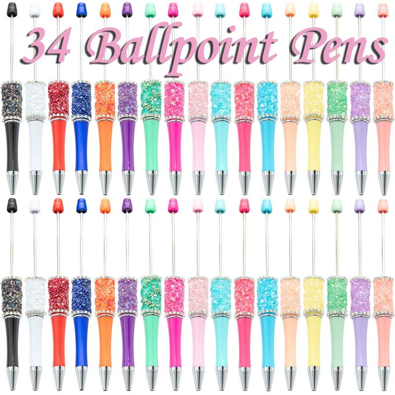 34Pcs Crystal Crushed DiamondsBead Pen Wholesale Creative DIY Handmade Sticker Set Diamond Beaded Ballpoint Pens