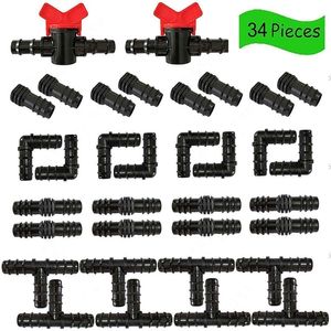 34PCS Garden Irrigatie Connectors T -druppel elleboog Kit Engineering ABS Plastic waterplanten Irrigatiesysteem Schakelkleppen T200530