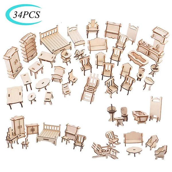 34 UNIDS / Set 3D Rompecabezas de Madera Juguete 1/12 Mini Muebles de Madera Modelo de Construcción 3D Accesorios para Casa de Muñecas DIY Niños Juguetes Educativos 231225