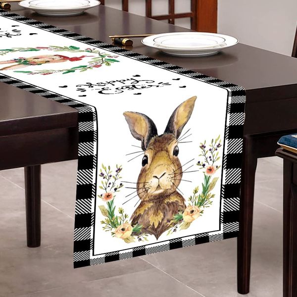 35 * 180cm Polyster Buffalo Plaid Chemin de Table de Pâques Classique Noir Blanc Checker Lapin Fleur Nappe pour la Fête de Pâques au Printemps