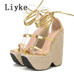 35-42 Sandalen Open Liyke Summer Platform Grootte Women Teen Wedge High Heel Sandalias Fashion Ankle Cross Lace-Up Party Shoes Gold T221209 476