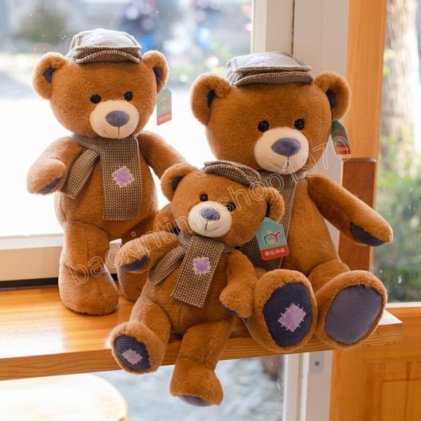 Muñeco de oso de peluche marrón de 35/45cm, bonito parche, bufanda, sombrero, oso de peluche, Animal de peluche, regalo de cumpleaños y Navidad para niños