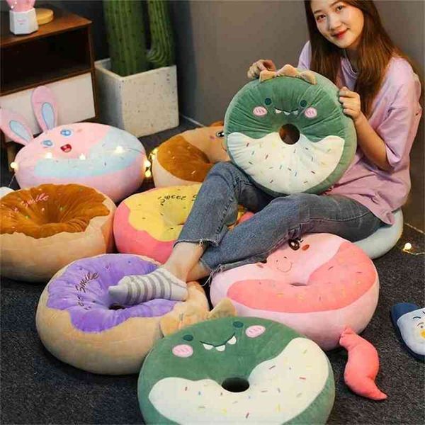 35/45 cm Donut en forma de cojín de asiento Almohada de felpa con cremallera Animal de dibujos animados Dino Bunny Unicornio para niños adultos 210804