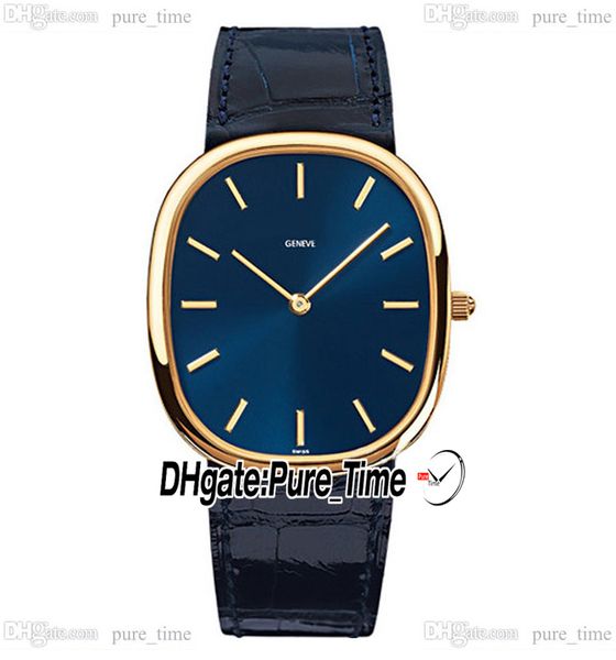 35,6 mm Golden Ellipse 9015 Montre automatique pour homme 3738/100J-012 Cadran bleu Boîtier en or jaune 18 carats Marqueurs de bâton Bracelet en cuir bleu Montres pour hommes PureTime PTPP E261C1