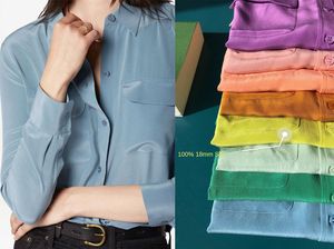 35 kleuren lente zomeruitrusting zijden blouse shirt met lange mouwen revershals dubbele zakken met één borste bovenste shirts h3F27ASZSWJFS