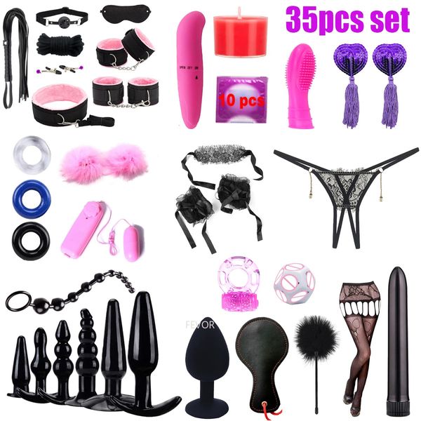 35 piezas Juego de sexo de juguete para adultos Sexy Black Stockings multimodo Anal Impacto Congelamiento Vela de nylon Hebilla Conjunto de cuerda 240521