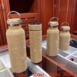 350/500/750 ml Bling Diamant Thermos Bouteille Tasse À Café En Acier Inoxydable Eau Portable Sport Tumbler Cadeau Personnalisé 211109