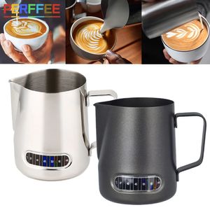 350/600 ml Pichet de frottement de lait en acier inoxydable avec thermomètre Indicateur Pitcher de lait barista Jouer de lait de latte et de latte 240410