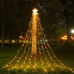 3,5 m sterren waterval LED-lichtslinger met US Eu-stekker op zonne-energie buiten waterdicht kerstslinger tuinlamp decoratie knipperend vakantie 8 modi