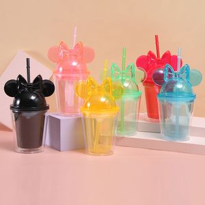 Gobelets à oreilles de souris avec couvercle en dôme, gobelets en acrylique, pailles, tasses de voyage transparentes à Double paroi, bouteilles d'eau mignonnes pour enfants, 350ml, 450ml, 650ml