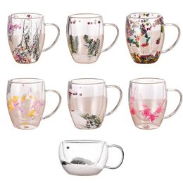 Tasse en verre à Double paroi de 350ml, avec garnitures de fleurs sèches et poignées, accessoires de cuisine WLL2148