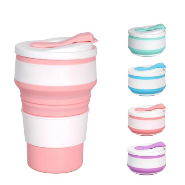 Taza plegable de silicona PP de 350ML, taza plegable con tapa para café, viaje al aire libre, tazas de té portátiles para beber agua, multifunción