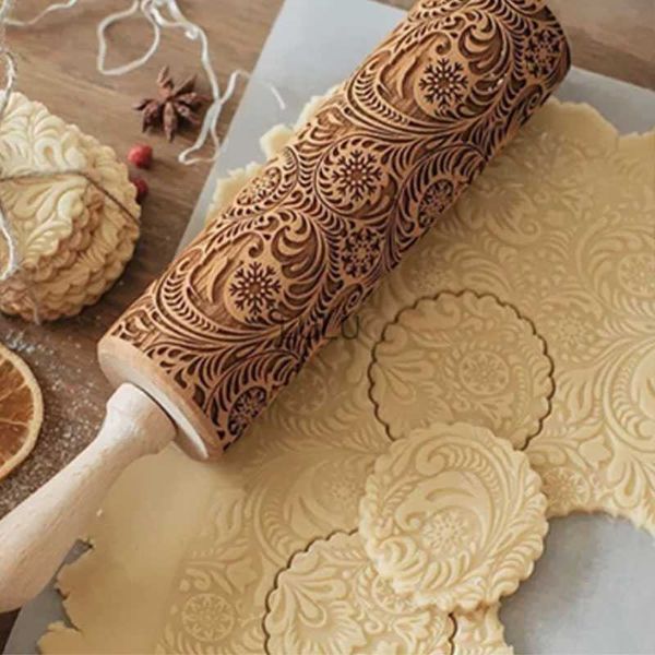 35CM Noël en relief rouleau à pâtisserie bois sculpté biscuits biscuit fondant pâte cuisson gravé imprimé rouleau cadeaux de vacances HKD230828