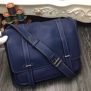 35 cm Men Message Bag Handgemaakte Kwaliteit Brandontwerp Taskwaliteit Togo Leer Wax Stiking Marineblauw vele kleuren om te kiezen