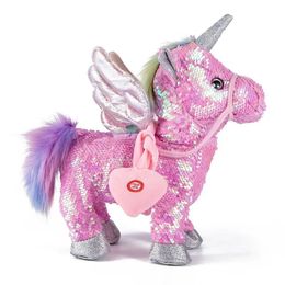 Jouets électroniques à paillettes de 35cm pour animaux de compagnie, licorne marchant et chantant pour les tout-petits, jolie poupée en peluche, cadeau d'anniversaire pour enfant, 240319