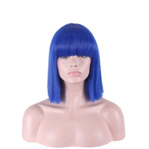 WoodFestival peluca recta azul con flequillo hasta los hombros pelucas de peinado para mujeres rosa blanco rojo pelo de fibra sintética rosa cómoda redecilla 35 cm