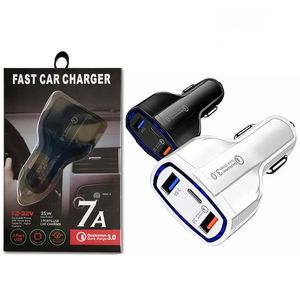 Chargeur de voiture 35W PD Type C USB 3Ports Chargeur rapide 7A QC3.0 Adaptateur secteur automatique de charge rapide pour iPhone 15 14 Samsung Téléphone Android avec boîte de vente au détail