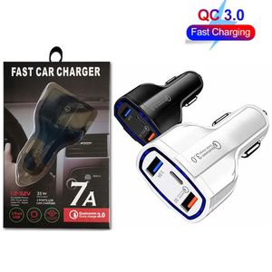 Cargador de coche de 35 W PD Tipo C Puertos USB Cargador rápido Adaptador automático 7A Carga rápida para el nuevo teléfono iPhone Samsung Android con caja al por menor