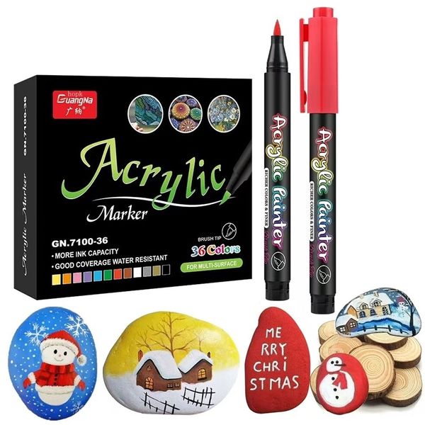 36 couleurs stylos de peinture acrylique stylos marqueurs de brosse acrylique pour peinture rupestre pierre céramique verre bois toile bricolage fabrication de cartes. 220721