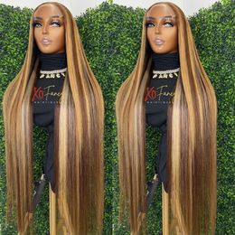 Perruque Lace Frontal Wig 360 naturelle brésilienne, cheveux lisses à reflets, 36 pouces, couleur blond miel 180%, pour femmes