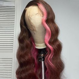 36 inch Bruin Roze Haarkant Hoogtepunt Simulatie Menselijk Haar Pruiken Voor Vrouwen Gekleurde Braziliaanse Body Wave HD Kant Frontale Pruik
