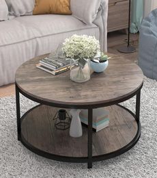 Table basse ronde de 36 pouces rond surface en bois Rustique Top de surface en métal robuste table de canapé industriel pour le salon moderne Design Home 7476977