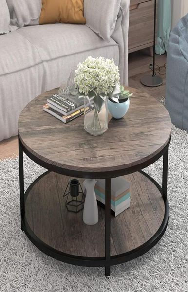 Table basse ronde de 36 pouces Round Surface en bois Top de surface en métal robuste table de canapé industriel pour le salon Home MODER