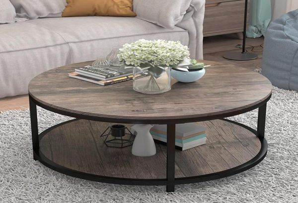 Mesa de café redonda de 36 pulgadas Top de superficie de madera rústica de metal resistente Mesa de sofá industrial para sala de estar Modern Design Home 3987584