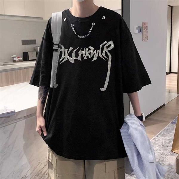 36% de réduction Hiphop manches courtes hommes à la mode Ins Hip-hop frit chaud diamant Style Niche haut ample rue T-shirt été