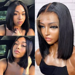 360 150% Lace Wig Human Hair Vrouwen 13x1 Bob Pruiken Braziliaanse rechte natuurkleur Remy Pre Plucked T Black met babyhaar