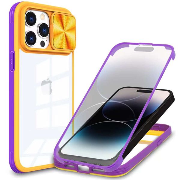 Caja de teléfono transparente con todo incluido de 360 ángulos con lente deslizante de cámara Protección de película frontal para iPhone 14 Plus 13 12 11 Pro Max XS XR Cubierta anti caída a prueba de golpes