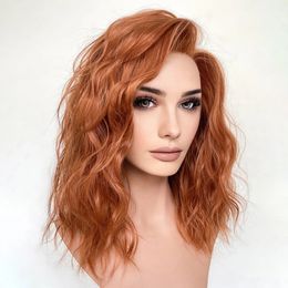 360 Kleur Koper Bruin Water Golvend Korte Bob Synthetische Transparant Kant Pruiken voor Vrouwen Lijmloze Lolita Dagelijkse Slijtage Synthetische Pruiken