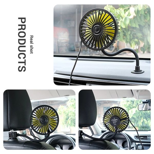 Ventilateur de voiture réglable à 360 degrés 12V 24V, USB universel, ventilateur de refroidissement de voiture, tableau de bord, siège arrière, refroidisseur d'air automatique à 3 vitesses pour Summer2813