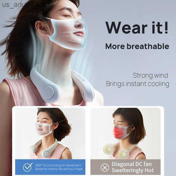 Réglage à 360 degrés Cou suspendu Petit ventilateur Sans lame Pas de cheveux bouclés Portable Petit massage frais à faible bruit Détendez-vous 3 modes de vitesse L230523