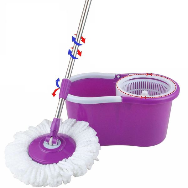 360° Easy Clean Floor Mop Seau 2 Têtes Microfibre Spining Tête Rotative Violet