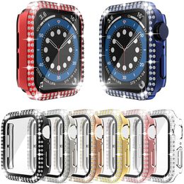 360 Fundas protectoras de vidrio templado de cuerpo completo Bling Diamond PC Parachoques para Apple Watch 44 mm 40 mm 42 mm 38 mm con paquete al por menor