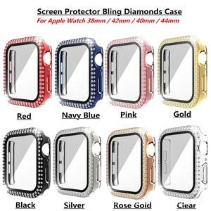 Bling Diamond Cajas de reloj de vidrio templado Película Protector de pantalla Parachoques protector de PC para Apple iWatch series 6 5 4 3 2 44 mm 42 mm 40 mm 38 mm 41 mm 45 mm Con caja al por menor