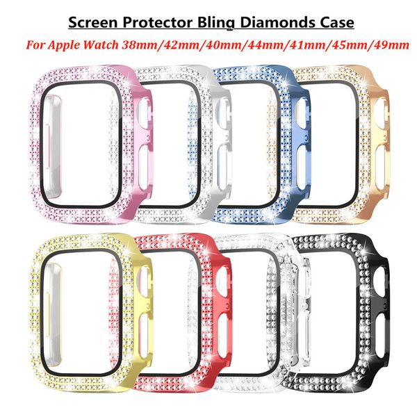 Cajas de relojes de vidrio templado de diamantes bling protector protector protector de PC para manzana Apple iwatch series 6 5 4 3 2 49 mm 45 mm 41 mm 44 mm 42 mm 44 mm 38 mm con caja minorista
