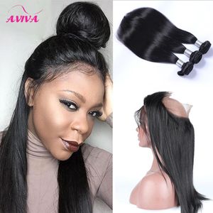 8A Grado 360 Cierre frontal de encaje completo con 2 paquetes El cabello humano virgen recto brasileño teje el cabello camboyano malasio indio peruano