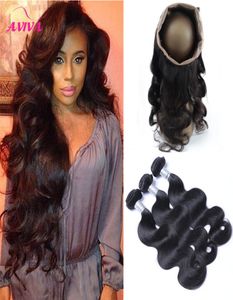 360 Full Lace Frontal Closure avec 3 faisceaux brésiliens vierges cheveux humains tisse vague de corps péruvien indien malaisien cambodgien ondulé3246084