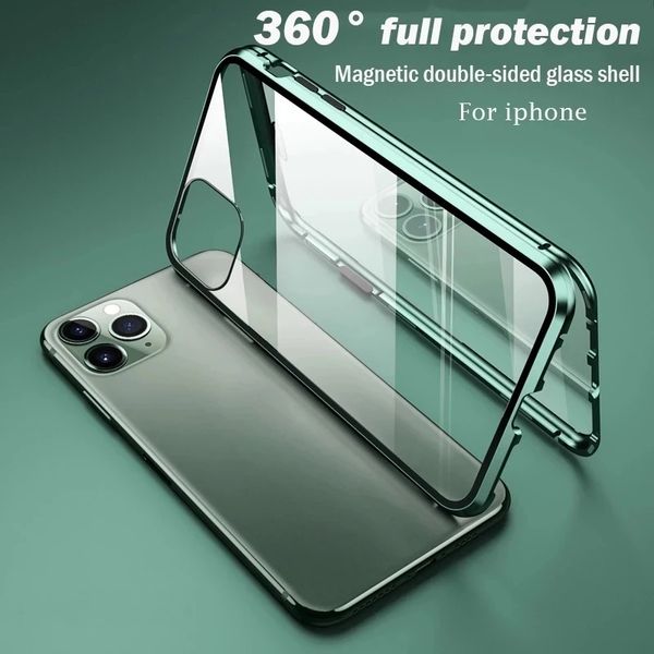Funda de teléfono magnética de Metal de protección completa de 360 ° para IPhone 15 14 13 12 11 Pro Max X XS XR 8 7 Plus cubierta de parachoques de vidrio de doble cara